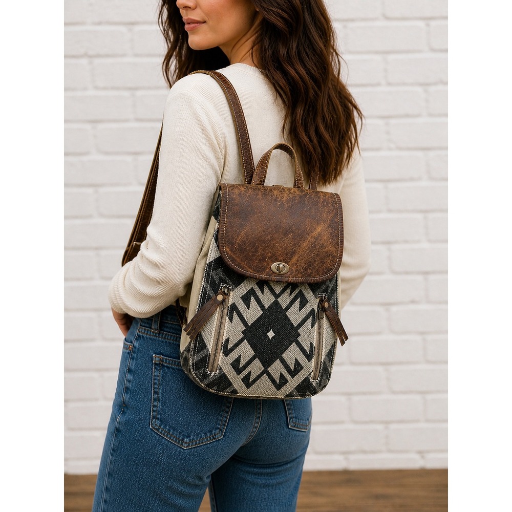 Myra Bag Felicity Backpack Upcycled Canvas Leather Rug Backpack Brown Tan